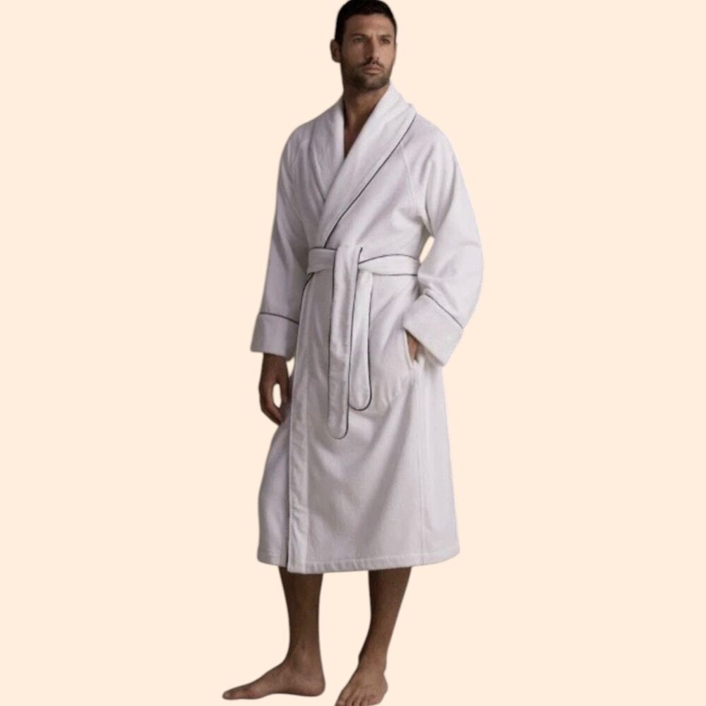 Frette Continental Shawl Bathrobe White Blue
